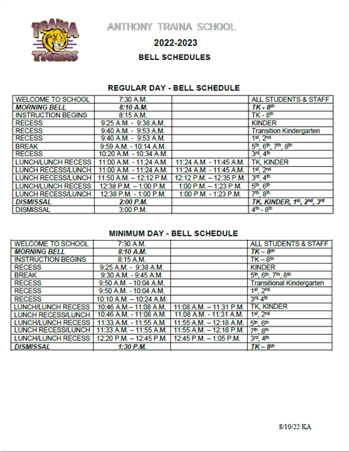 Bell Schedule as of August 10, 2022